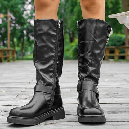 Bottes de cowboy rétro marron pour femmes 2025 Automne Hiver Cuir PU Bottes hautes Botas Mujer Fermeture éclair Boucle Plateforme Bottes de chevalier