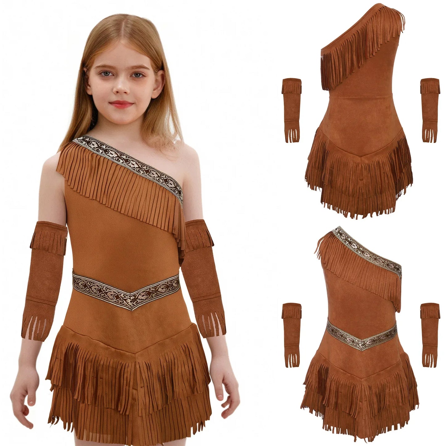 Vintage Western Cowgirl Cosplay Costume, Halloween Theme Party Outfits, Fringed Suede Dress with Fringed Sleeves