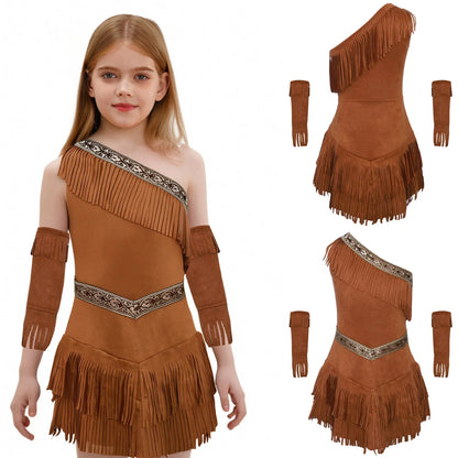 Vintage Western Cowgirl Cosplay Costume, Halloween Theme Party Outfits, Fringed Suede Dress with Fringed Sleeves