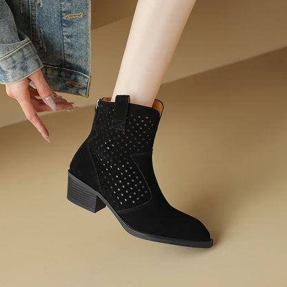 2025 Spring Autumn Chelsea Boots for Woman Cow Suede Pointy Toe Wedge Heel Ankle Boots Cutouts Comfortable Cowboy Boots Female