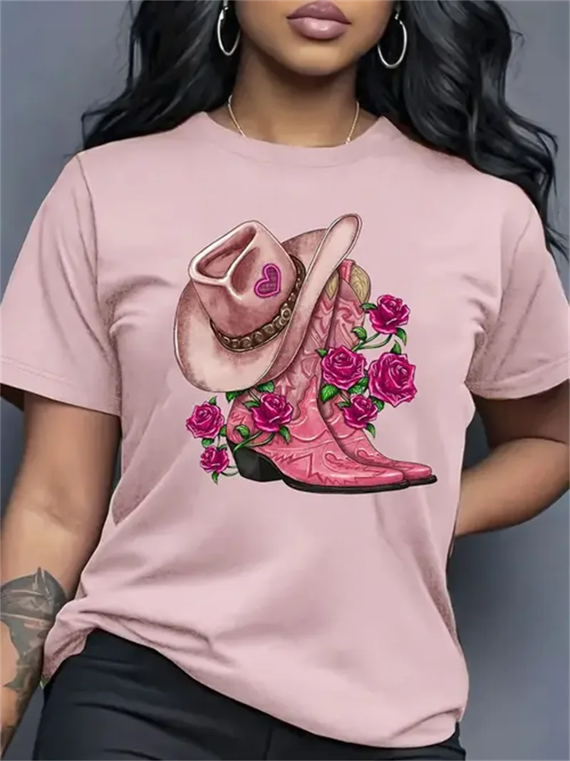 T-shirt femme motif cow-boy et bottes de l'Ouest, manches courtes décontracté et à la mode, col rond, coupe ample, vêtement de ville quotidien