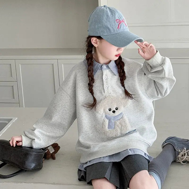 Sweat-shirt à capuche pour filles, Polo deux pièces en Faux, moyen-grand, coupe ample, haut de chiot de dessin animé, nouvelle collection printemps/automne 2025