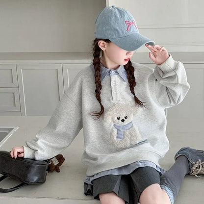 Sweat-shirt à capuche pour filles, Polo deux pièces en Faux, moyen-grand, coupe ample, haut de chiot de dessin animé, nouvelle collection printemps/automne 2025