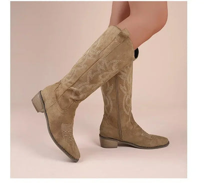 Bottes hautes à talon épais, amincissantes et longues, ne dépassant pas le genou, brodées, style rétro western cowboy, Nouvelle Collection Hiver 2025