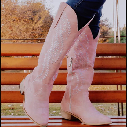 Women Fashion Boots Spring Low Heel Women Shoes Cool British Embroidered Design Soft Short Boots Party Knee High Boots Pink 2024