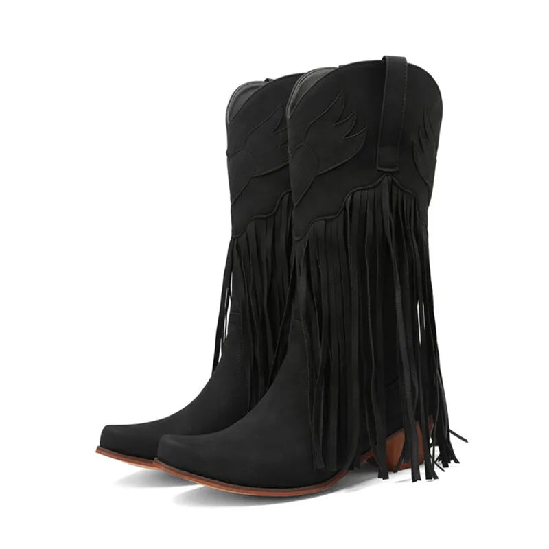 Nouvelles bottes de cowboy rétro ethniques pour femmes avec pompon à talon moyen, chaussures d'hiver pour femmes