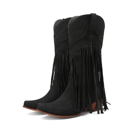 Nouvelles bottes de cowboy rétro ethniques pour femmes avec pompon à talon moyen, chaussures d'hiver pour femmes