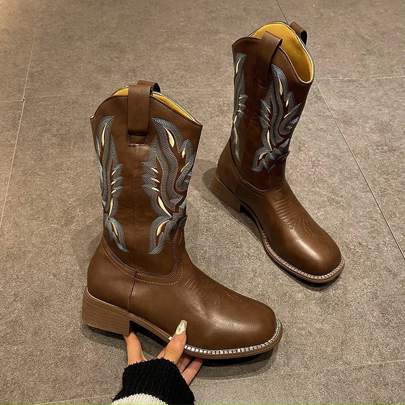 Versatile Western Cowboy Boots Summer Coarse Heel Embroidered Sleeve Knight Boots Mid Barrel Square Head Horseshoe Large