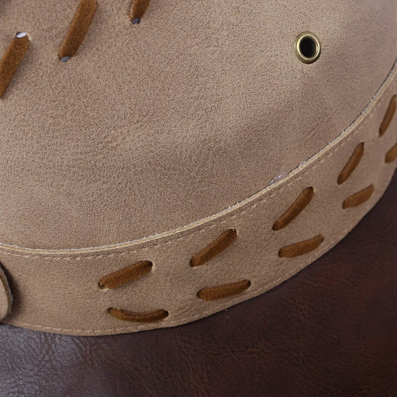 Chapeau de Cowboy occidental classique pour hommes et femmes, casquette de Cowgirl en Faux cuir noir, décontracté pour l'extérieur, Sombrero Hombre avec corde coupe-vent