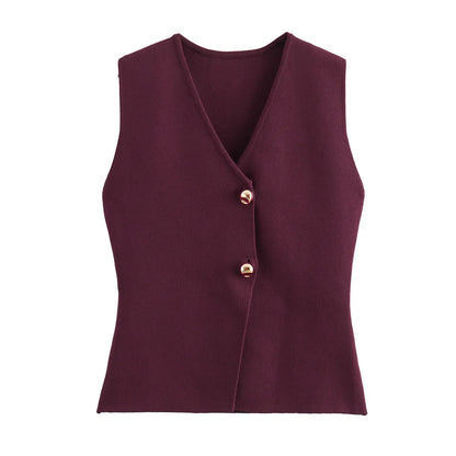 Zevity New Women Fashion V Neck Sleeveless Golden Buttons Knitted Vest Sweater Female Chic Solid Color Slim Cardigan Tops LS6273