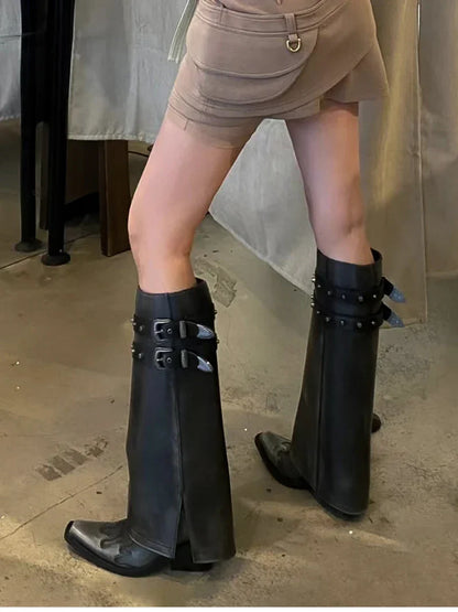 Autumn Cowboy Boots For Women Fashion Slip On Long Pipe Boots Female Square High Heel Trend Winter Footwear