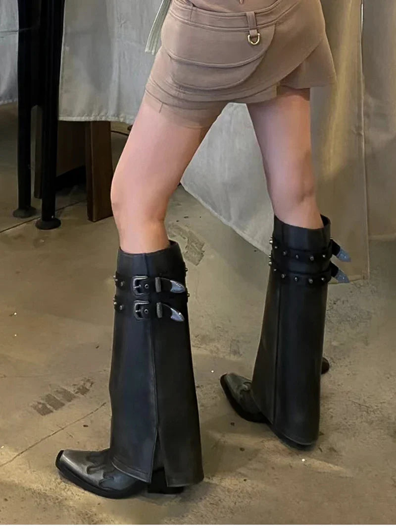 Autumn Cowboy Boots For Women Fashion Slip On Long Pipe Boots Female Square High Heel Trend Winter Footwear