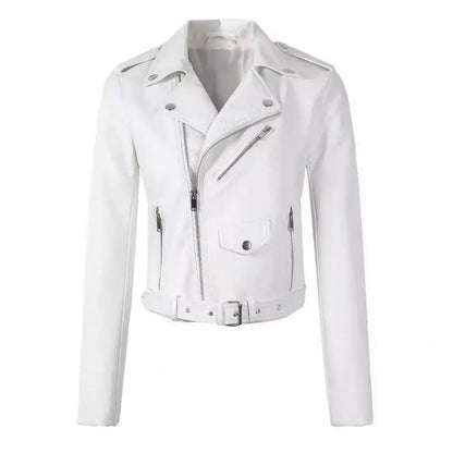 Women Faux Leather Jacket Turn-down Collar Zip-up Zipper Rivet Decor Motorcycle Coat Long Sleeves Female Outerwear Lady Clothing