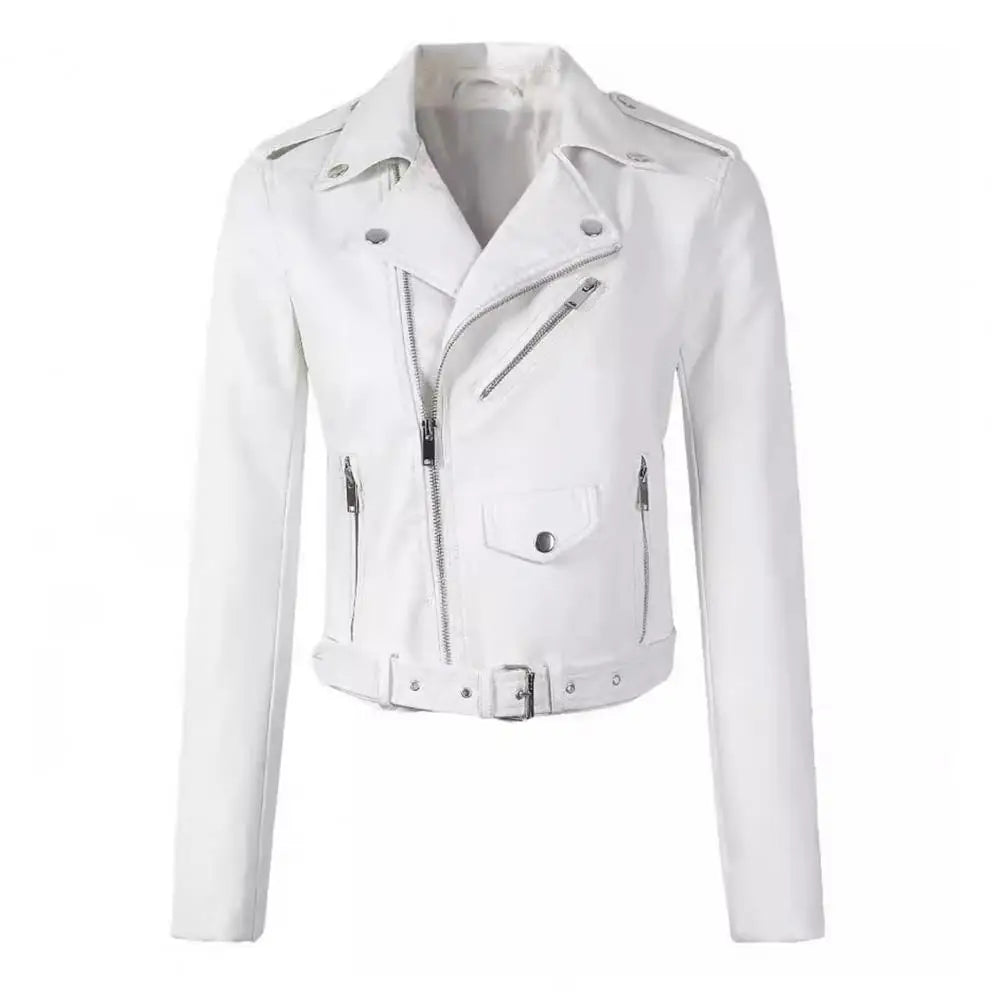 Women Faux Leather Jacket Turn-down Collar Zip-up Zipper Rivet Decor Motorcycle Coat Long Sleeves Female Outerwear Lady Clothing