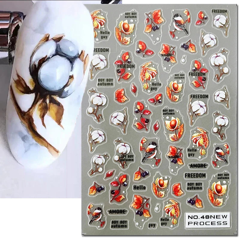 3d Nail Art Stickers Winter Autumn Golden Leaves Red Roses Flowers Decals For Nails Decoration Manicure Salon Beauty