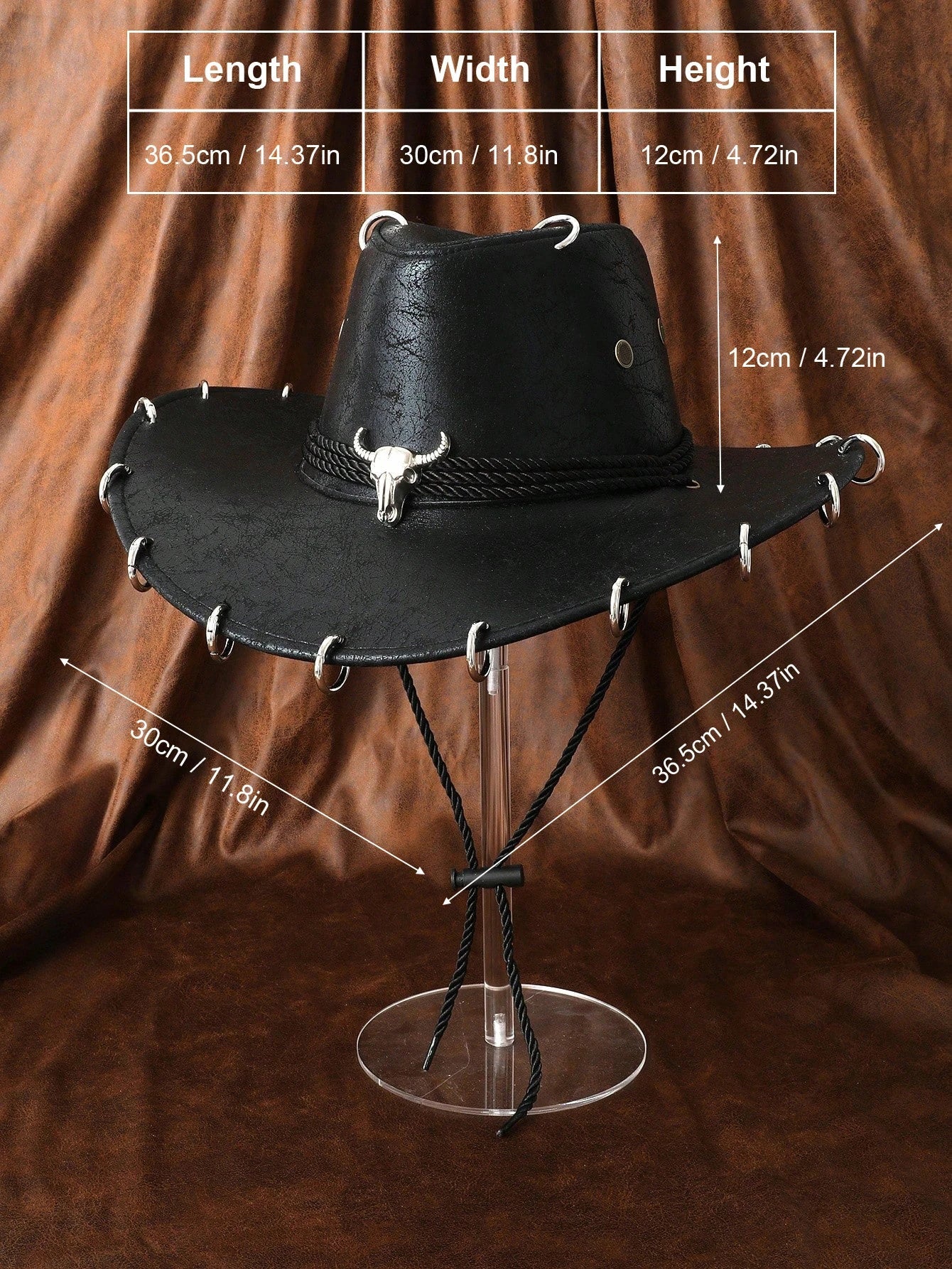 HongLuan – Chapeau de cowboy unisexe en cuir PU noir réglable, style occidental, idéal pour les voyages, avec badge tête de taureau, pour l'extérieur