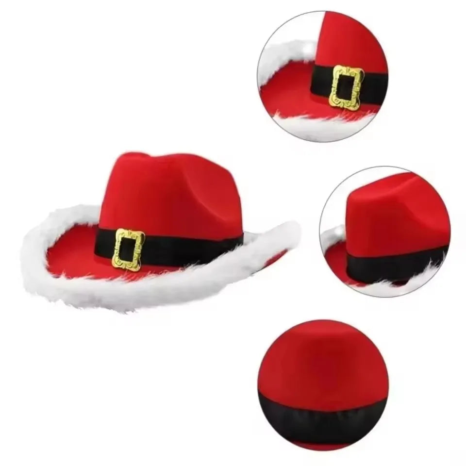 Chapeau de cowboy lumineux de Noël pour fête du Père Noël, chapeaux en feutre rouge occidental, chapeau de cowgirl à large bord, chapeau de jazz pour femmes et hommes