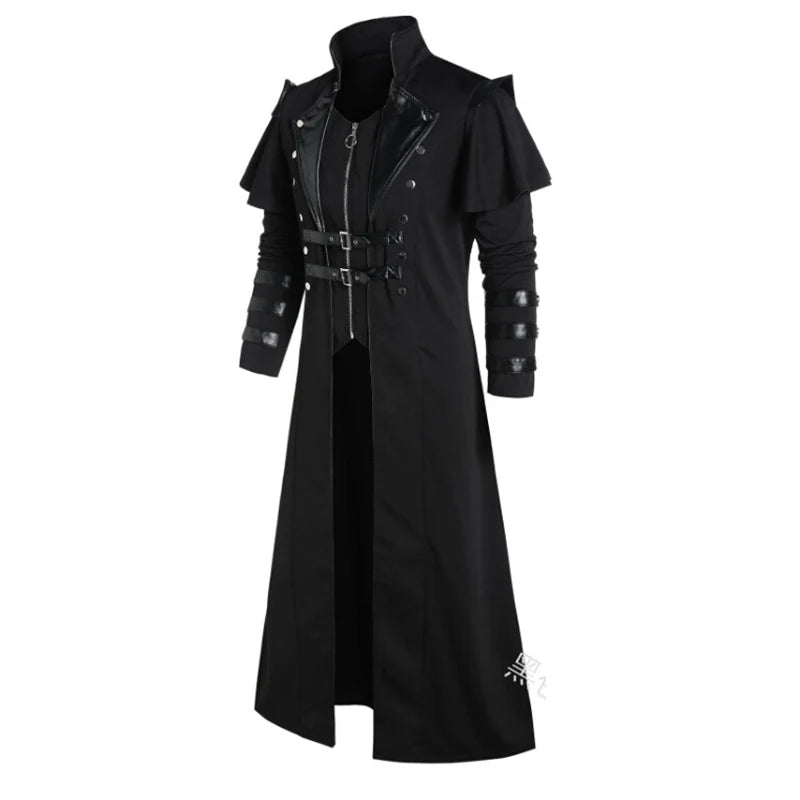 Vintage Halloween Médiéval Steampunk Assassin Elfes Pirate Costume Adulte Hommes Noir Longue Veste Fendue Manteaux en Cuir Armure Gothique