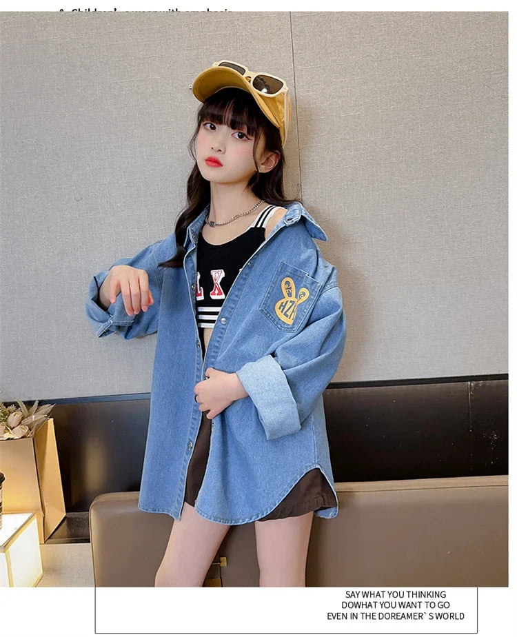 Chemisiers en Denim de Cowgirl de haute couture avec imprimé de lapin pour adolescente, chemise en Denim ample et décontractée à manches longues pour enfants