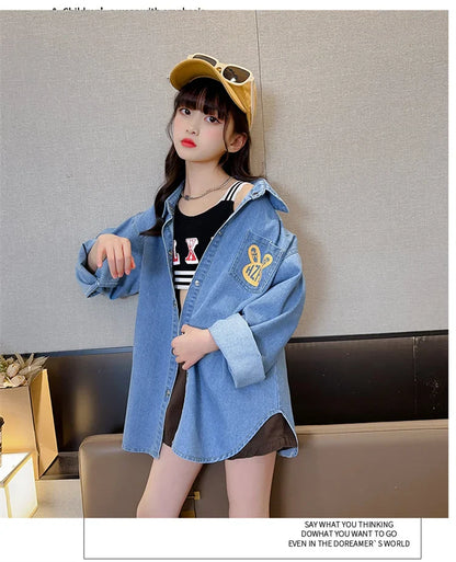 Chemisiers en Denim de Cowgirl de haute couture avec imprimé de lapin pour adolescente, chemise en Denim ample et décontractée à manches longues pour enfants