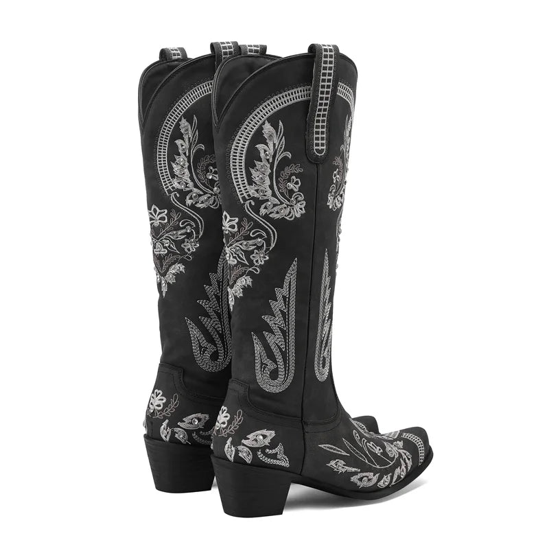 Bottes de cowboy occidentales au genou pour femmes, broderie de fleurs, biscuits, blanc, marron, rond, Parker, talons hauts, rétro, bottes longues de cowgirl