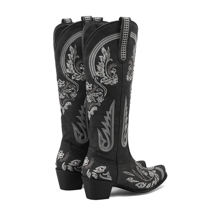 Bottes de cowboy occidentales au genou pour femmes, broderie de fleurs, biscuits, blanc, marron, rond, Parker, talons hauts, rétro, bottes longues de cowgirl