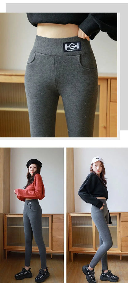 Hiver femmes Leggings solide chaud Leggings épaissir laine d'agneau taille haute polaire garder bout à bout haute extensible pantalon de marche poche