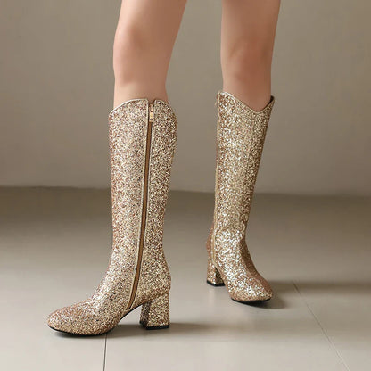 Bottes Hautes Scintillantes pour Femme, Ajustement Confortable, Talons 6,5 cm, Hiver 2024