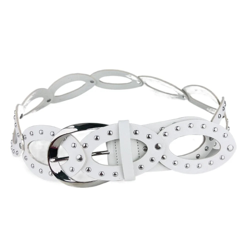 Adjustable Cowgirl Waist Belt, Hollow, Wide Side, PU Leather, Elliptical Geometry, Metal Buckle, Rivet, Everyday Waist Belt