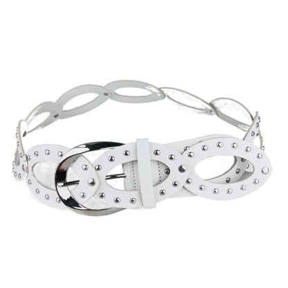 Adjustable Cowgirl Waist Belt, Hollow, Wide Side, PU Leather, Elliptical Geometry, Metal Buckle, Rivet, Everyday Waist Belt