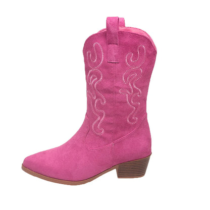 Embroidered Western Cowboy Boots for Women Autumn Pointed Toe Thick Heel High Knee Boots Woman Loose PU Leather Long Botas Mujer