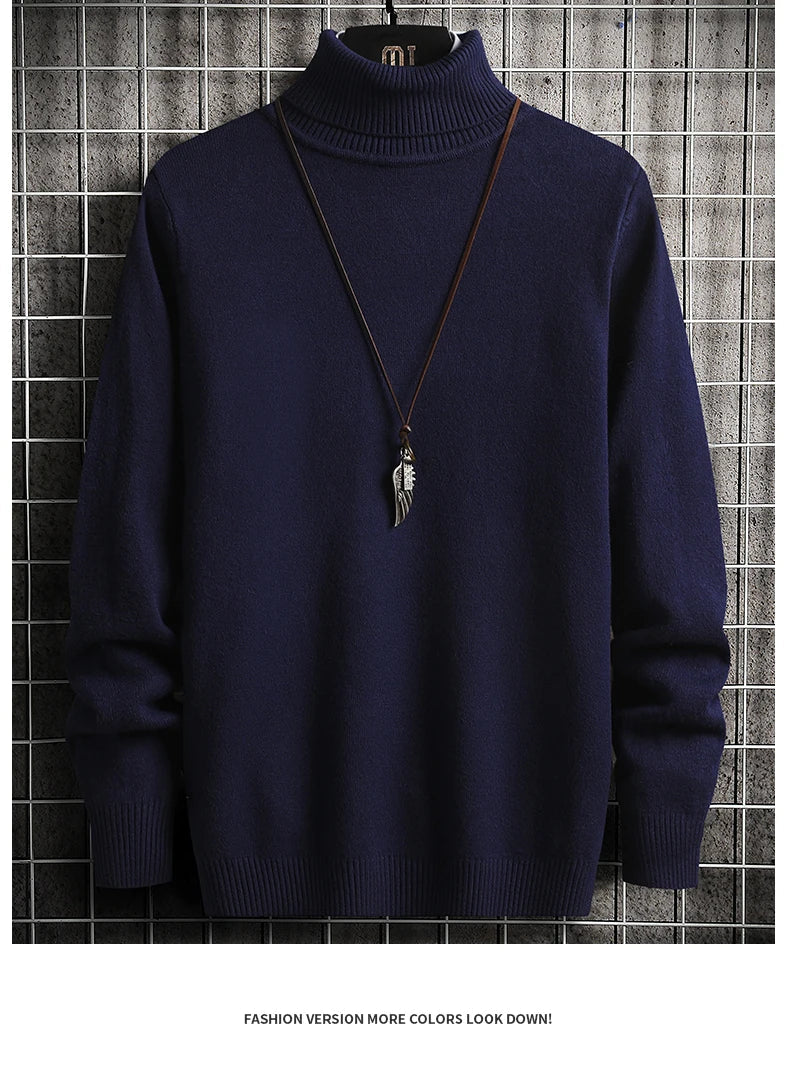 Pulls Hommes Chandails Tricotés Col Roulé Couleur Unie Épaisse Décontractée Manches Longues Haut Tricoté Épissé Pull Coupe Slim Automne Hiver