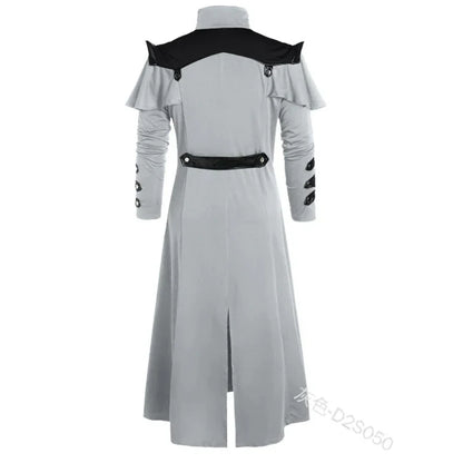 Vintage Halloween Médiéval Steampunk Assassin Elfes Pirate Costume Adulte Hommes Noir Longue Veste Fendue Manteaux en Cuir Armure Gothique