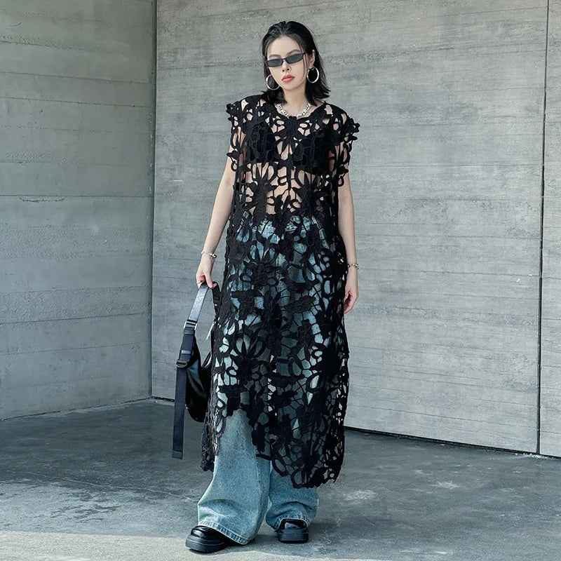 [EWQ] Chic belle Robe européenne à la mode femmes vêtements crochet à motifs découpe Robe sans manches Robe noire 2025 été nouveau