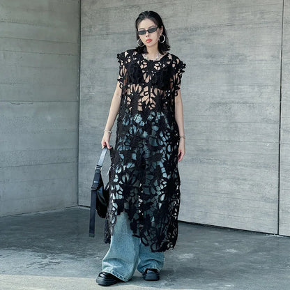 [EWQ] Chic belle Robe européenne à la mode femmes vêtements crochet à motifs découpe Robe sans manches Robe noire 2025 été nouveau