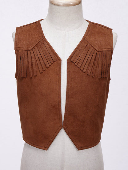 Kids Boys Western Cowboy Cowgirl Cosplay Costume Open Front Waistcoat Vest Pointed Hem Fringe Decor Tassel Jacket for Party