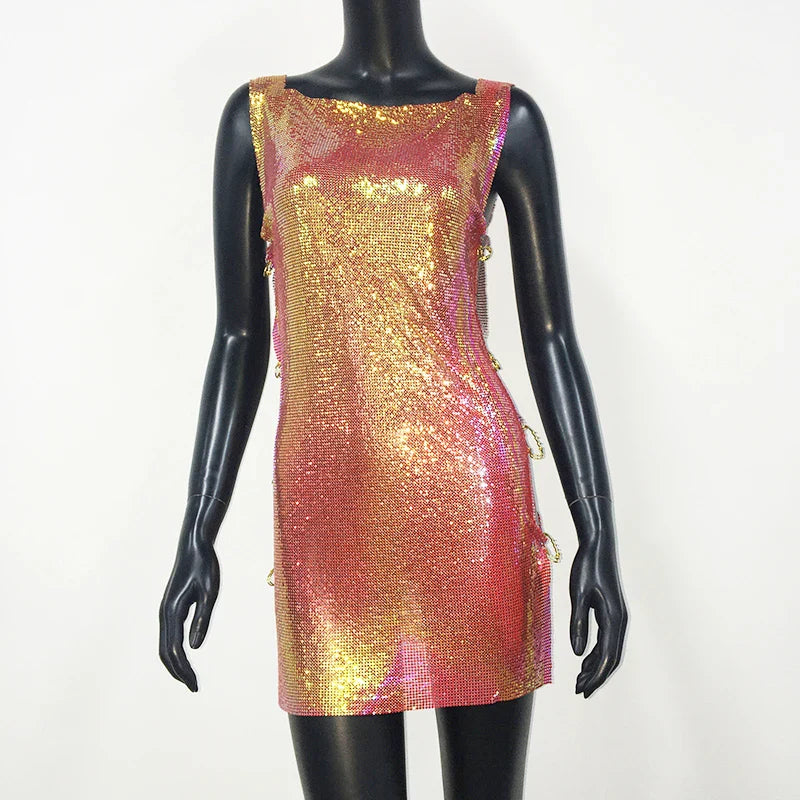 Shiny Y2k Metallic Sequins Mini Dresses For Women Sleeveless Backless Sexy Low Cut See Through Sexy Solid Clubwear Party Dress
