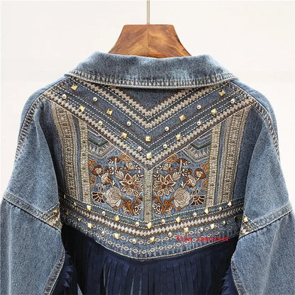 Rivet Embroidery Tassel Denim Jacket Women Loose Long Sleeve Short Outwear Spring Autumn Fashion Black Jeans Jacket Coat Female