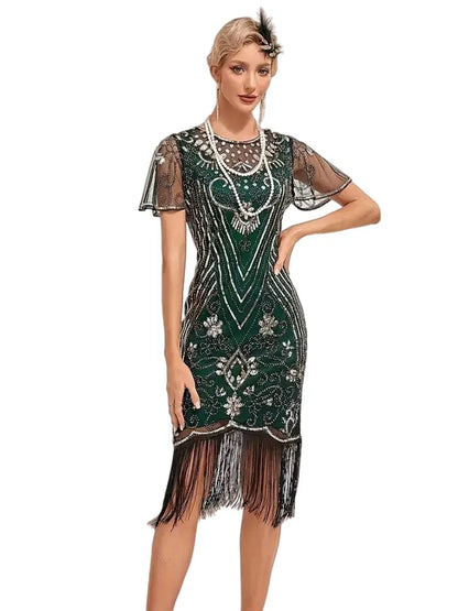 Flapper Dresses 1920s Gatsby Roaring 20s Sequin Beaded Fringe Dress Crew Neck See-through Themed Party Club Dress