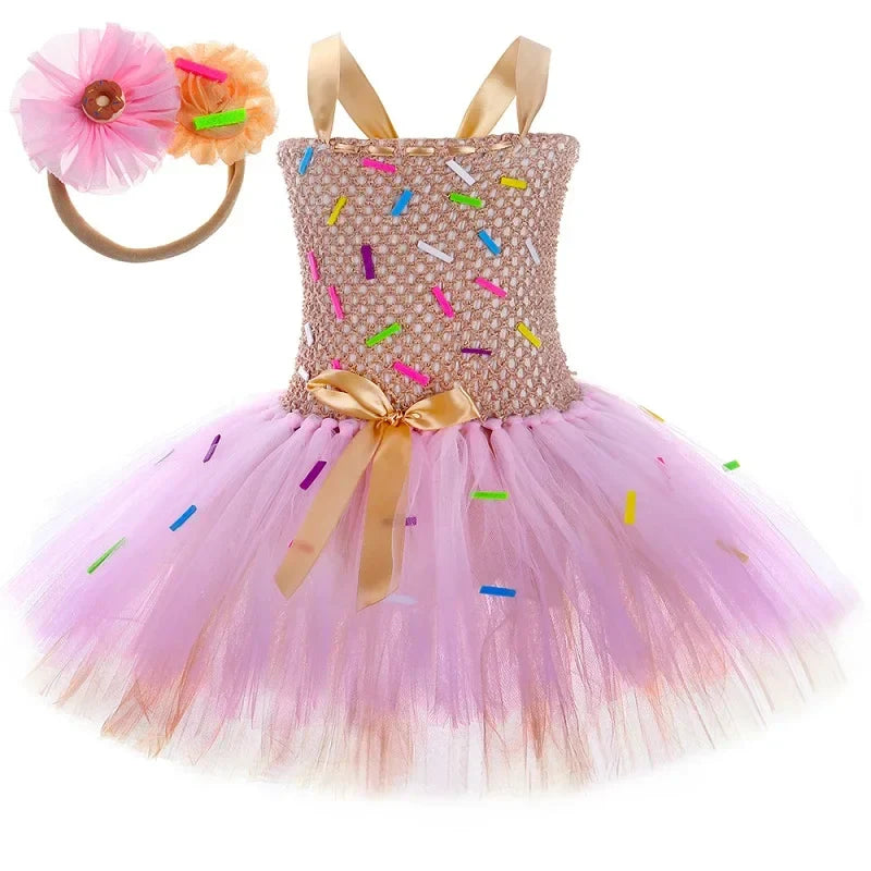Déguisement de Beignet pour Enfants Robe Tutu Beignet au Chocolat Filles Robe de Princesse d'Anniversaire Fantaisie Vêtements d'Halloween et de Noël pour Enfants