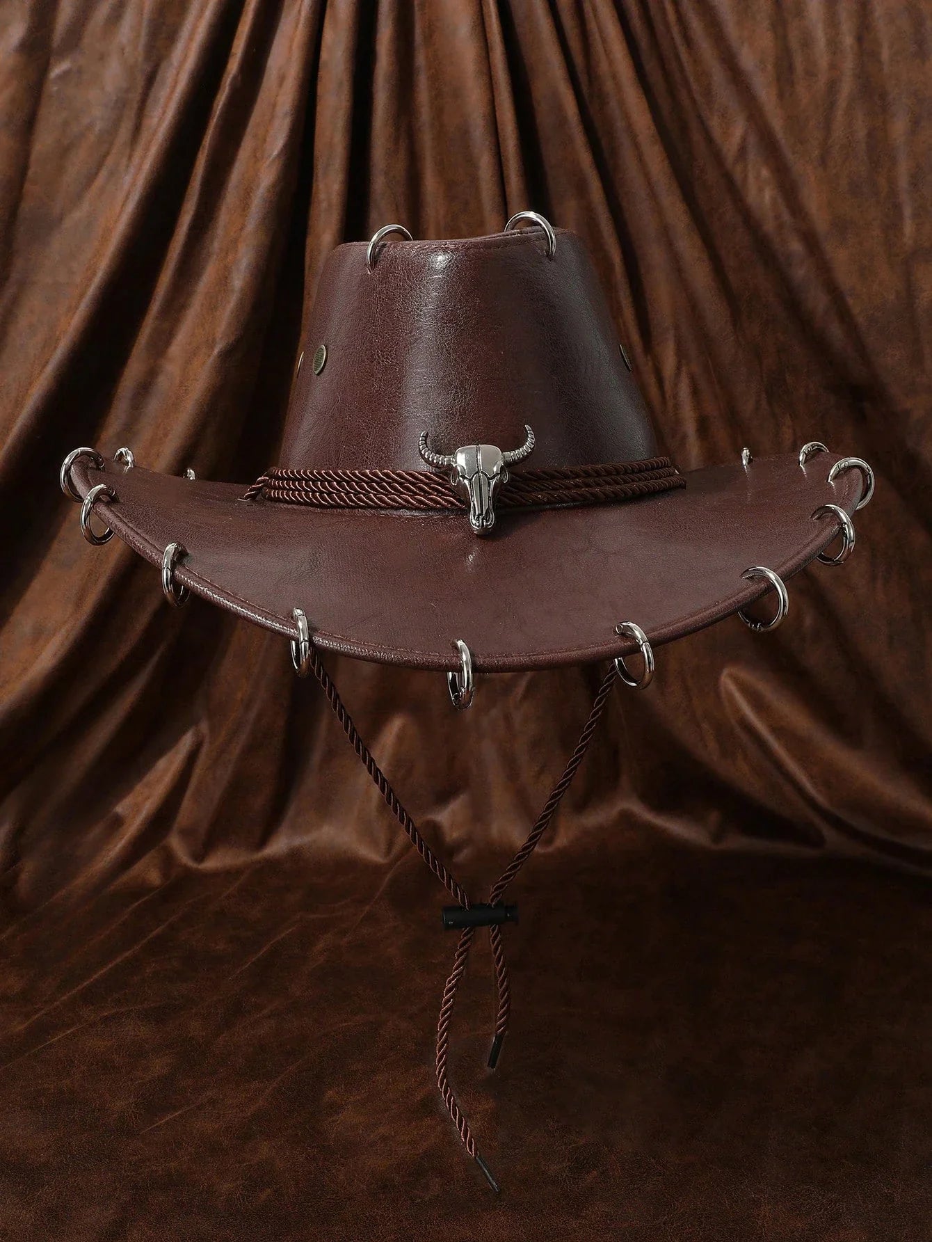 HongLuan – Chapeau de cowboy unisexe en cuir PU noir réglable, style occidental, idéal pour les voyages, avec badge tête de taureau, pour l'extérieur