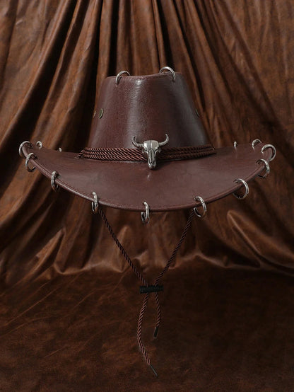 HongLuan – Chapeau de cowboy unisexe en cuir PU noir réglable, style occidental, idéal pour les voyages, avec badge tête de taureau, pour l'extérieur