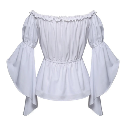 Women's Renaissance Ruffle Blouses, Ruched Sleeve Pleated Blouse, Off Shoulder Boat Neck Medieval Shirt, Victorian Shirt