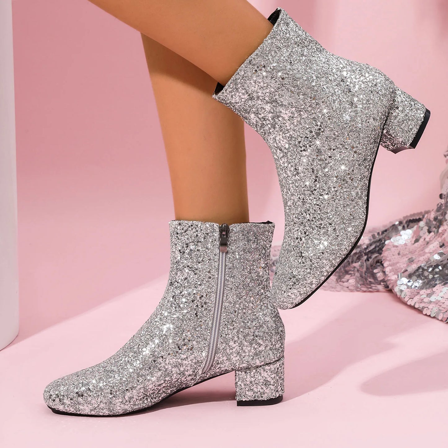 Luxury Sequined Women Ankle Boots Solid Color Chunky Block Heels Short Boot Side Zipper Autumn Winter Party Shoes Large Size