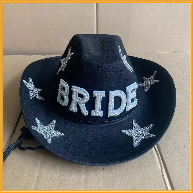 Chapeau de Cowboy blanc de mariée avec voile, perles et strass, chapeau de Cowgirl pour mariage, enterrement de vie de jeune fille, douche nuptiale, décoration, cadeau