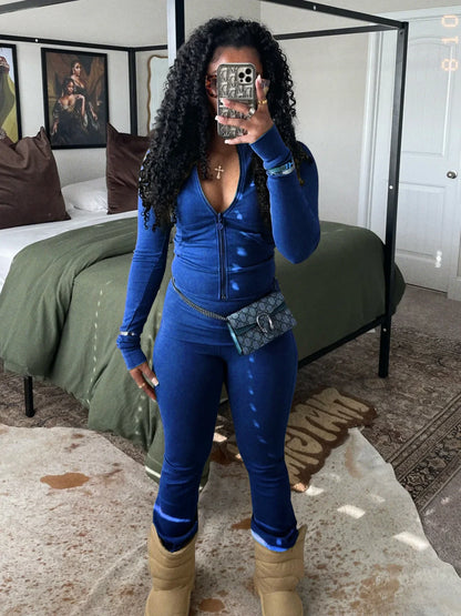 FAGADOER Autumn Winter 2 Piece Sets Women Outfit Casual Zip Pocket Crop Tops+High Waist Leggings Pants Suits Jogger Streetwear