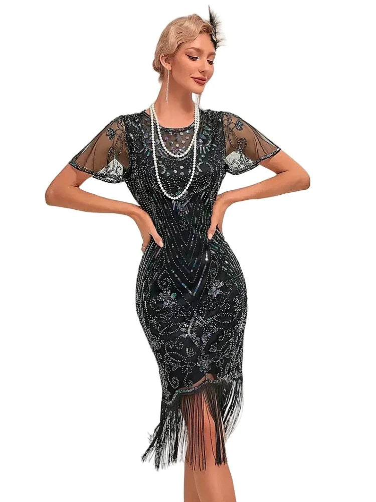Flapper Dresses 1920s Gatsby Roaring 20s Sequin Beaded Fringe Dress Crew Neck See-through Themed Party Club Dress