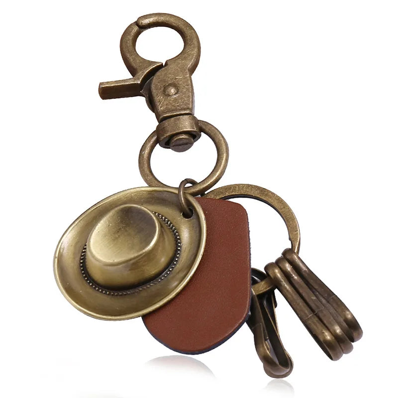 Porte-clés chapeau de cowboy rétro, pendentif porte-clés de voiture en cuir de vachette en métal bronze, souvenir des cowboys occidentaux jeunesse
