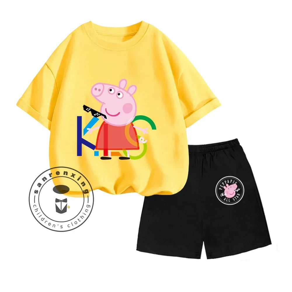 Peppa Pig-themed Animated Cartoon Print Design O-neck Sweet Short Sleeves and Simple Shorts for Boys and Girls Summer Suit