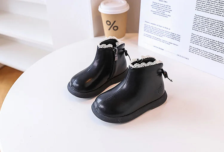 2024 New Autumn Children Boots Leather Girls Ankle Boots  Lace Butterfly-knot  Rubber Sole Fashion Toddler Kids Boots EU 21-30